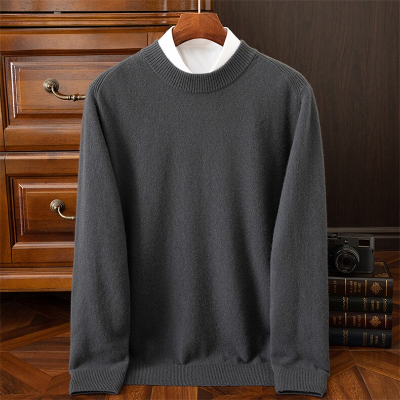 马鞍肩圆领时尚秋冬新款百搭纯色长袖羊绒针织衫，男装羊绒套衫，绒之心羊绒