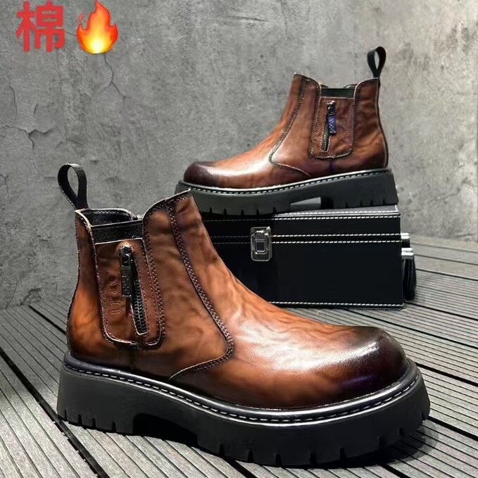 X4599-275马丁靴男士厚底冬季新款加绒短靴时尚切尔西靴男,男鞋切尔西靴,星座1407-3
