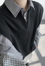 小众撞色面料拼接格子宽松卫衣高街假两件卫衣经典格子假两件P55，男装卫衣，电商B319