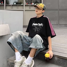 抖音得物品质二开240克宽松纯棉美式潮牌印花三条杠中性风短袖T恤，男装T恤，电商A486