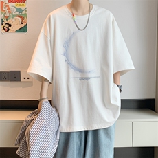 已注册/夏季内景设计感月牙印花短袖T恤男宽松打底衫DT00050/P25，男装T恤，电商B316