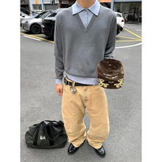 网图老钱风Cleanfit假两件纽扣领北极绒针织衫毛衣W1581/特P55，男装针织衫/毛衣，电商B350