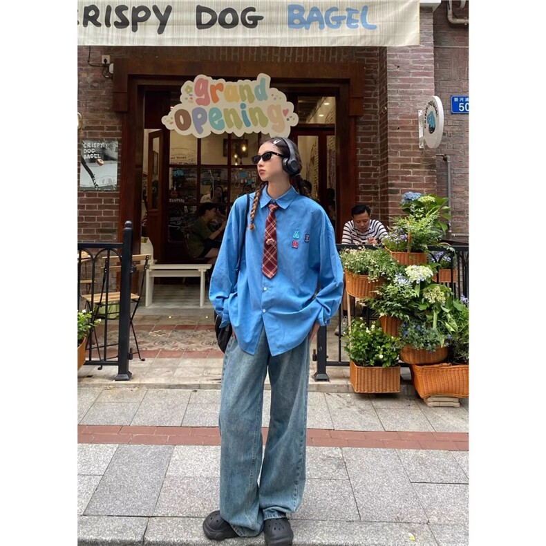 7023-P40潮流复古港风领带衬衫男女潮牌小众设计感休闲宽松长袖，男装衬衫，电商B323A