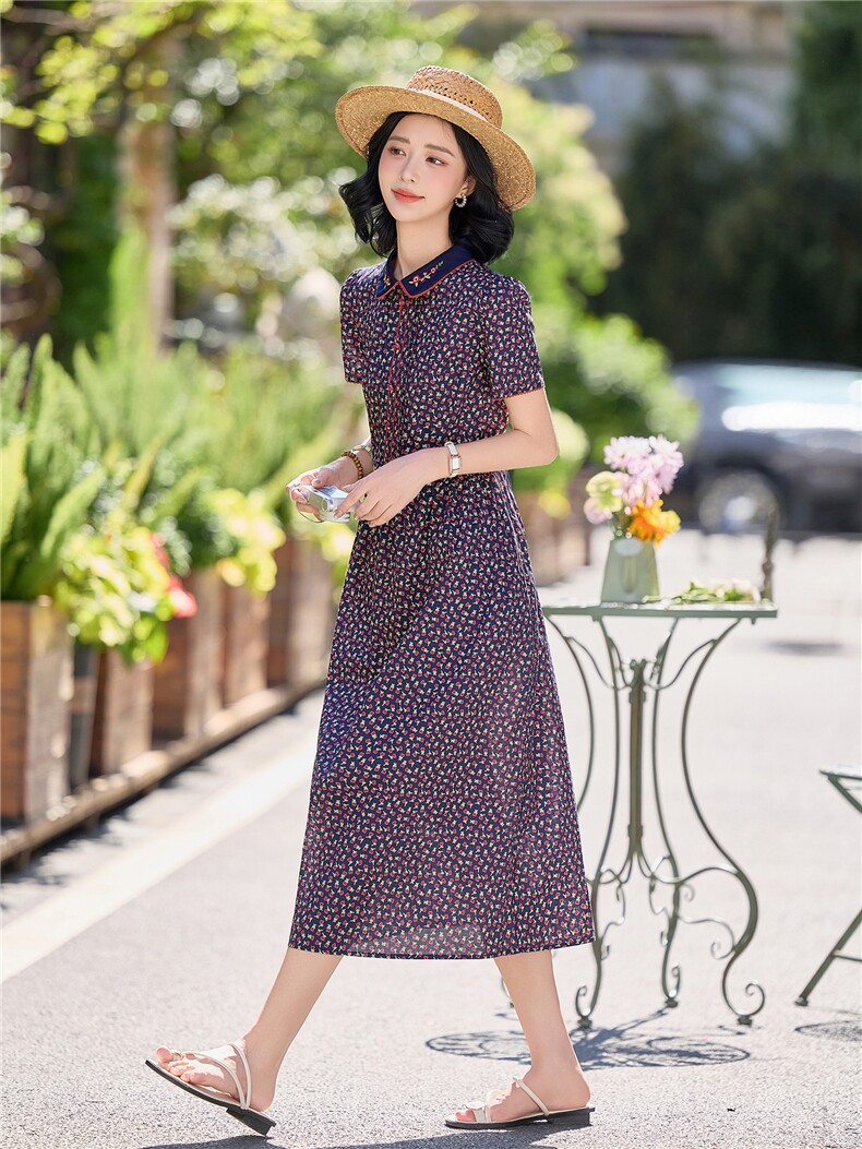 田园风碎花刺绣连衣裙女春夏收腰显瘦中长裙（细节图颜色为准）,女装连衣裙,水衣源