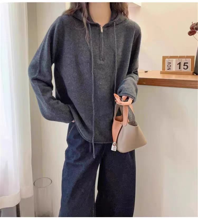 2025年秋季新款女士百搭卷边针织连帽衫,针织衫/毛衣,恒恩羊绒