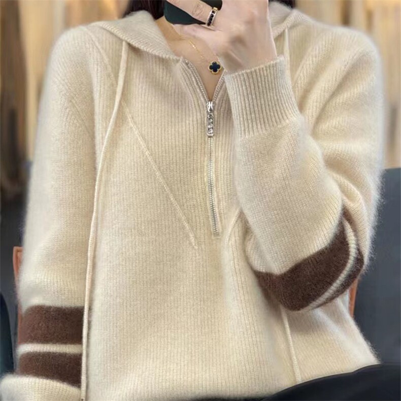 连帽衫女元宝针半拉链拼色卫衣宽松休闲羊毛针织打底衫图片
