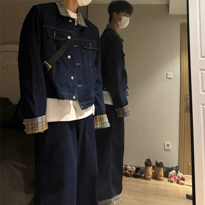 【有货】DT7010-P118美式潮牌格纹拼接男春秋夹克牛仔裤两件套装图片