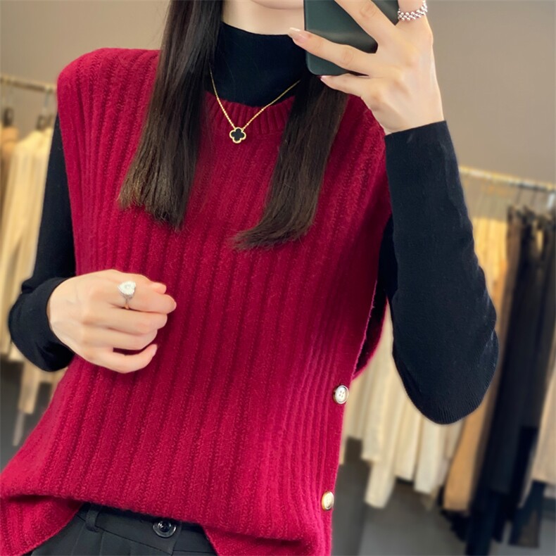 秋冬新款100%羊毛马甲女系扣开叉无袖背心针织毛衣宽松羊绒衫坎肩,女装羊毛衫,迅太羊绒