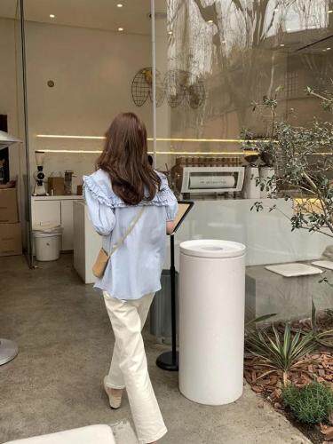 现货夏季新款木耳边衬衫，女装衬衫，木可可木R