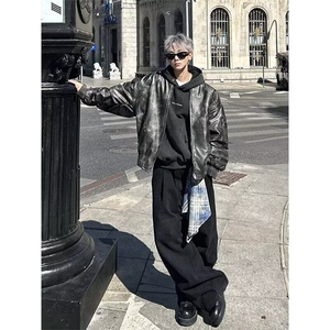 黑色方巾可拆弯刀牛仔裤男美式复古拉链设计感镰刀裤宽松阔腿裤子图片
