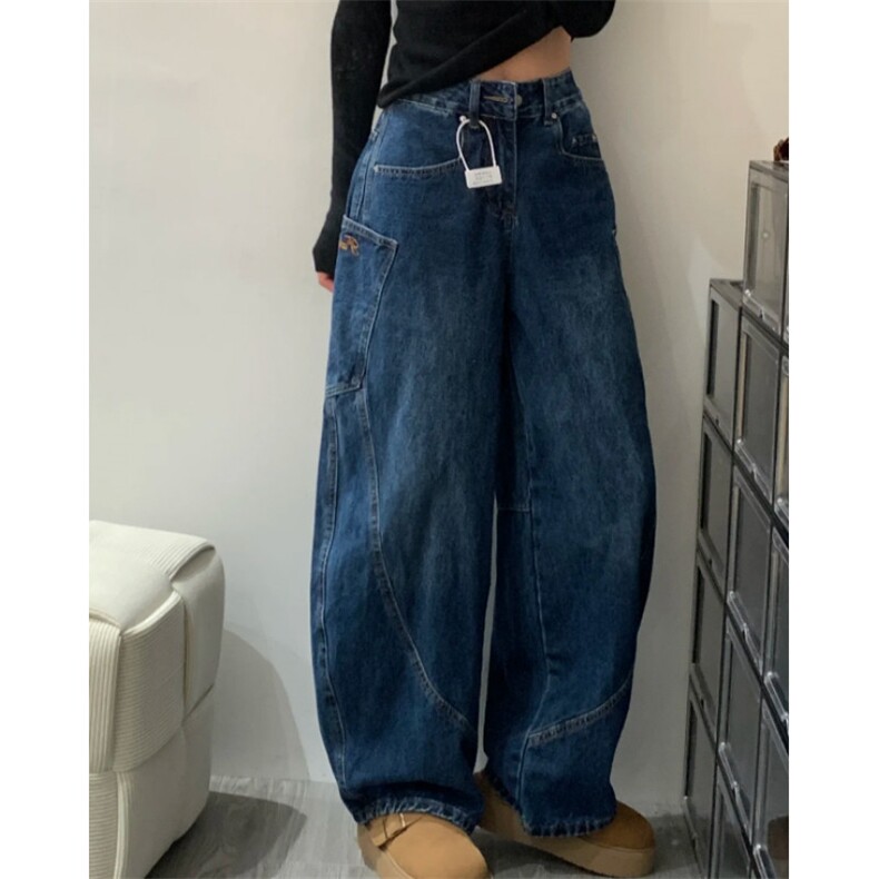 美式弯刀复古拼接侧边大口袋牛仔裤男女筒阔腿裤 P45 YW9131图片
