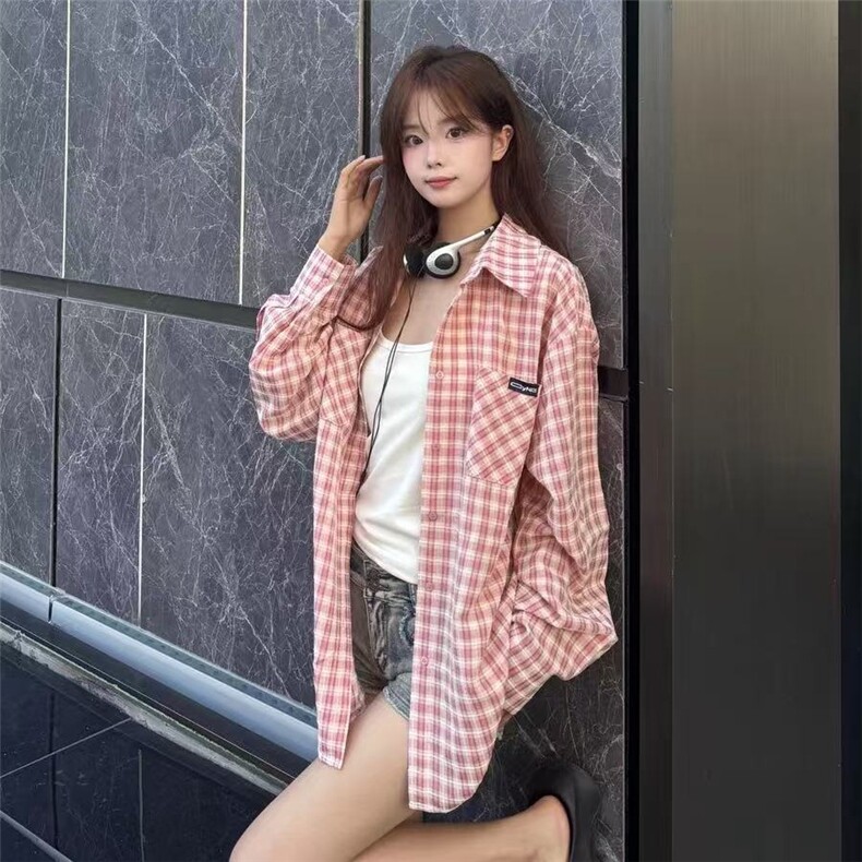 TC637-P45粉色格子衬衫外套薄款女春秋2026新款宽松慵懒衬衣图片