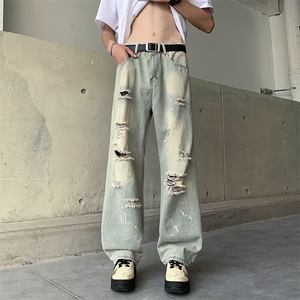 破洞微喇叭黑色牛仔裤男潮牌高街直筒显瘦宽松裤子设计感7064/P42图片
