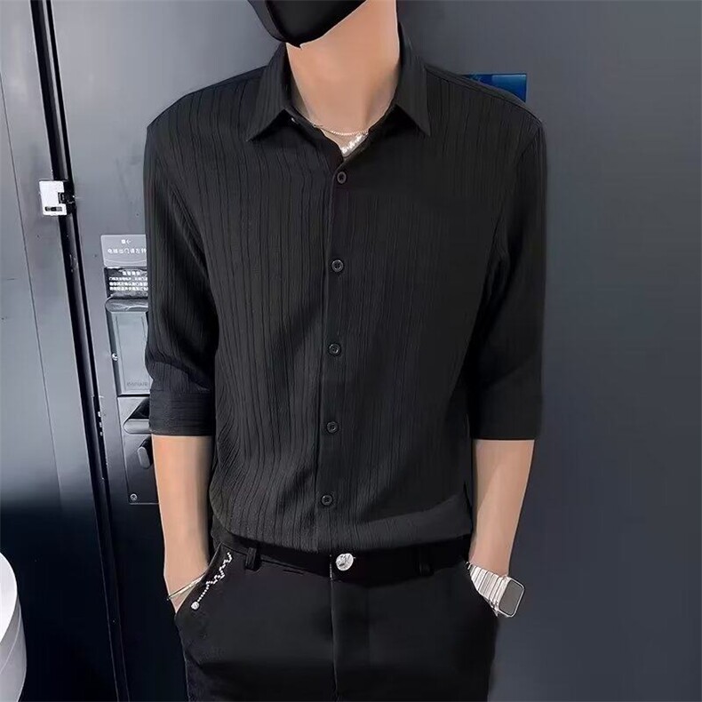 七分袖衬衫男痞帅夏季薄款男士中袖上衣短袖寸衣时尚条纹休闲衬衣,男装T恤,星座410-7