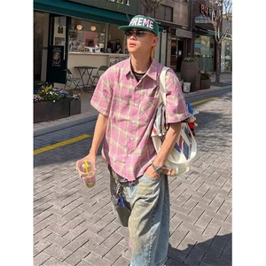 夏复古简约撞色格纹短袖衬衫男女宽松休闲防晒衬衣外套C7009