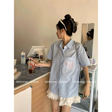 TC544-P45格子衬衫女可爱蝴蝶结刺绣短袖学院风polo领衬衣外套，女装衬衫，星座617A-2