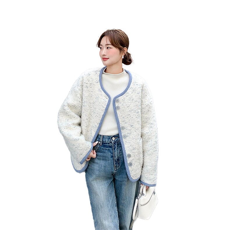 韩系小香风短款外套女2025冬季新款撞色滚边毛呢小个子今年流行,女装短外套,2C010