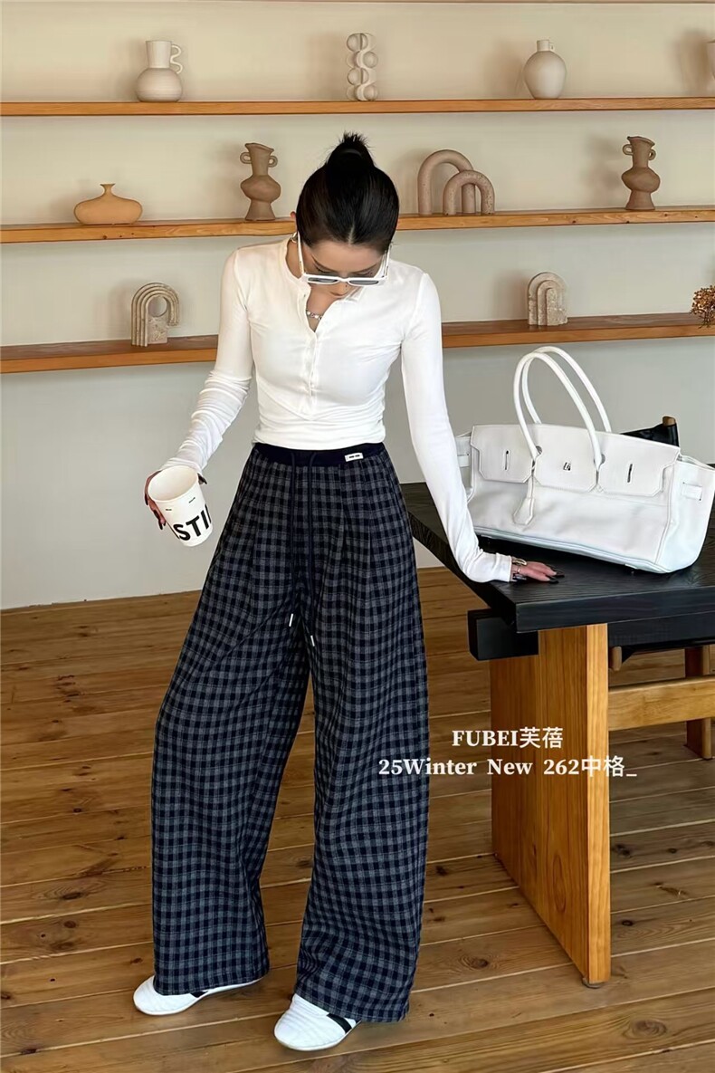 2025年秋季时尚百搭通勤简约休闲格子抽绳镰刀裤,女装休闲裤,湘姗