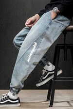 2021冬季日系马切达大码男印花拼接束脚加绒加厚牛仔裤N80161-P60，男装牛仔裤，电商A001