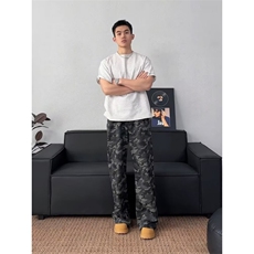 水洗做旧迷彩高街阔腿牛仔裤直筒宽松拖地工装裤K83056-P42网络图，男装牛仔裤，电商B245