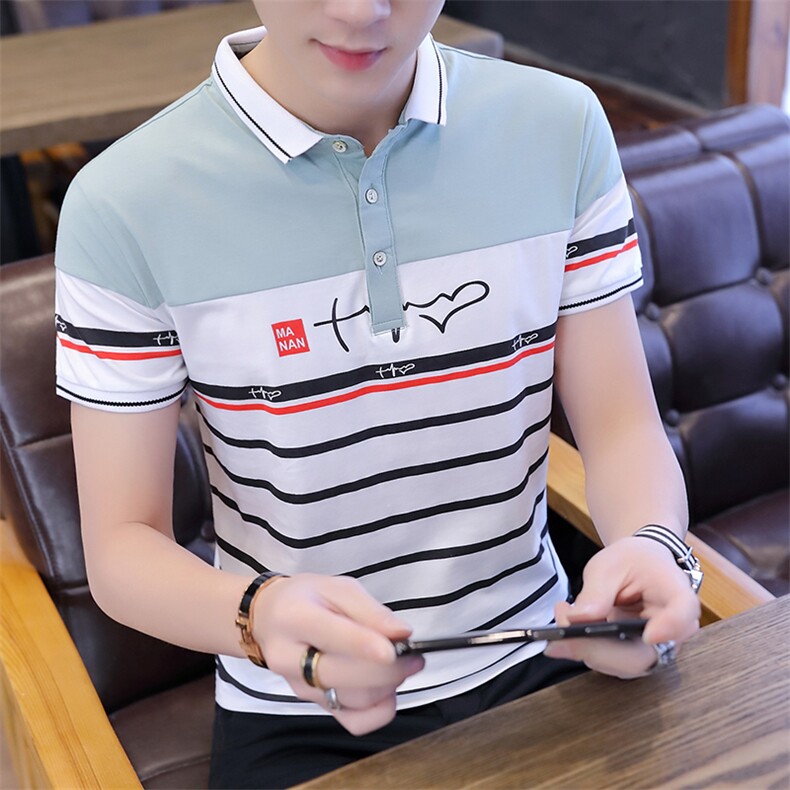 8026-P35夏季男士短袖t恤翻领条纹上衣有带领polo衫韩版潮流图片