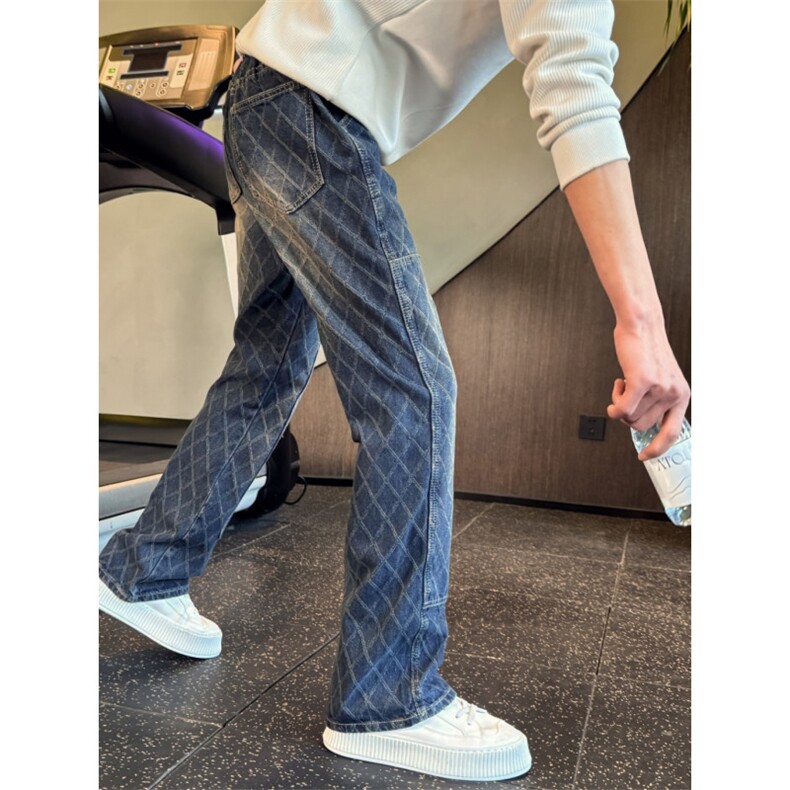 1506-1/KJ21131/P44拼接菱形牛仔长裤潮牌宽松百搭小众直筒长裤男，男装休闲裤，星座1506-1