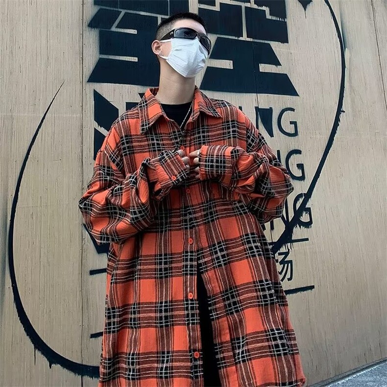 美式复古格子长袖衬衫男潮牌宽松设计百搭高街衬衣外套,男装衬衫,星座716-3