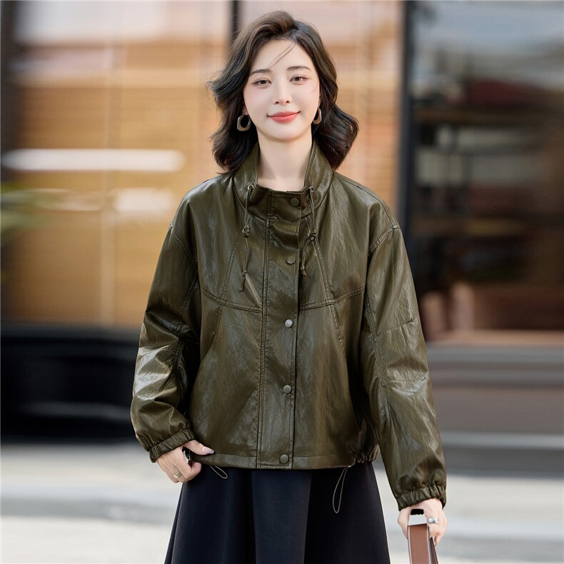 2025秋季女装新款大量现货时尚休闲洋气百搭金属丝短款皮衣外套,女装皮衣,缘衣格
