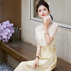 新中式国风半身裙女夏季新款时尚气质冰丝碎花连衣裙子，女装连衣裙，蝶眷