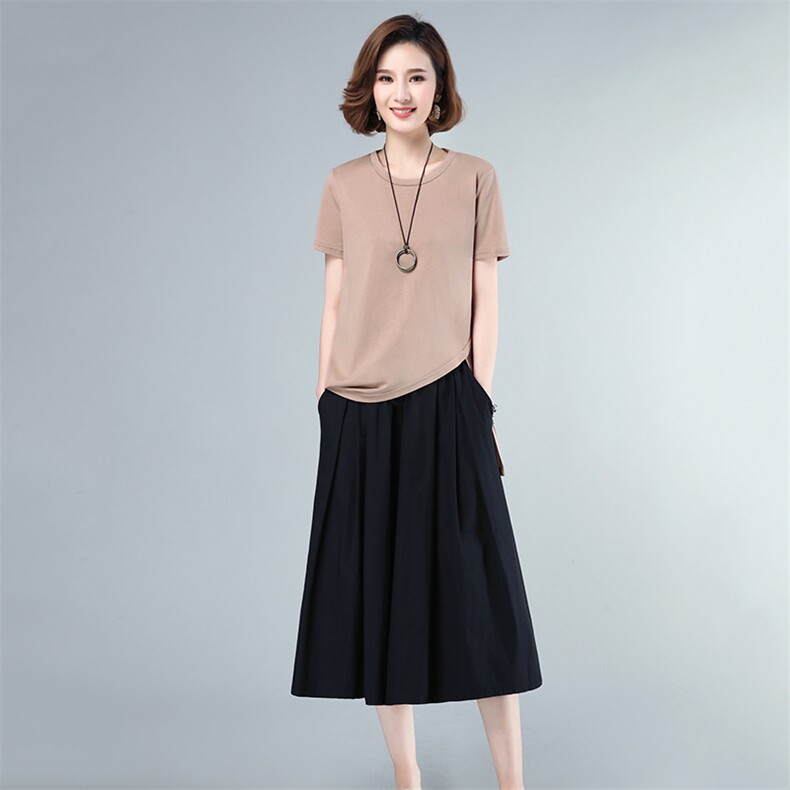 2021年夏季新款连衣裙女中长款短袖T恤半身裙子套装女休闲两件套,女装套装/套裙,简韵佳