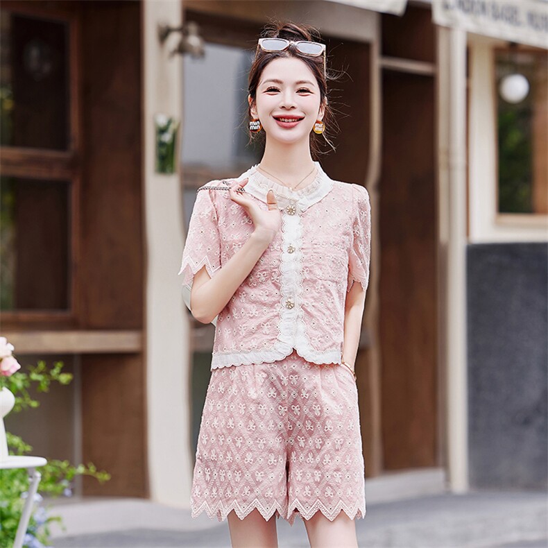 法式时尚套装蕾丝连衣裙女夏2025新款小香风上衣半身裙粉色两件套,女装套装/套裙,慕依路