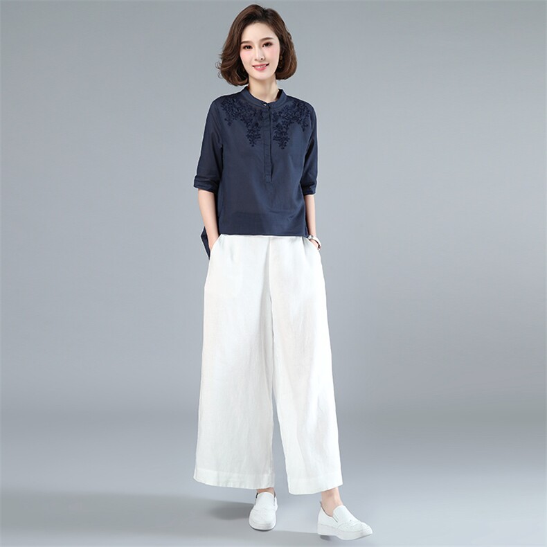 2022夏装新款棉麻刺绣短袖上衣休闲阔腿裤两件套套装,商品下架区,木子恋