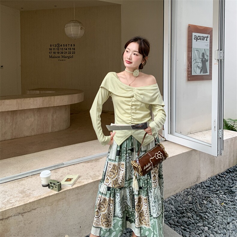 2026新款露肩上衣+花色半身裙两件套，女装套装/套裙，纯色衣恋