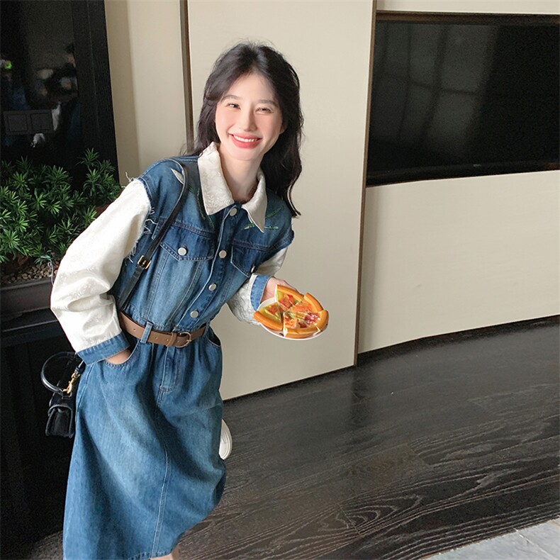 拼接牛仔连衣裙2024女中长款春季新款小个子修身裙子A字裙衬衫裙,女装连衣裙,钱塘布衣