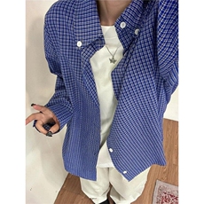 少年感蓝色格子衬衫男春秋季新休闲长袖衬衣CS552-特P30，男装衬衫，星座1007（原301D）