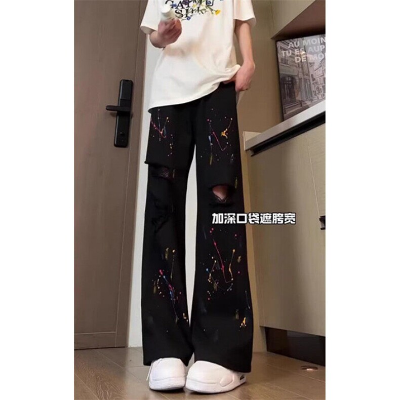 破洞泼墨牛仔裤男夏季微喇薄款痞帅炸街显腿直筒长裤NA454,男装牛仔裤,星座1116A（原606A-3）