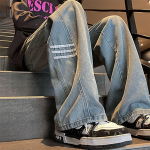 美式复古三条杆牛仔裤男秋季cleanfit阔腿裤子潮牌高街垂感直筒裤图片