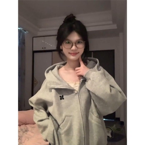 2025新款灰色拉链开衫连帽卫衣女宽松遮屁股春秋薄款上衣外套,女装短外套,星座506A
