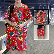 TZ203夏新款男士T恤短裤套装东北大花大码红色蓝色青年运动套装，男装休闲套装，星座115A(原星座507）