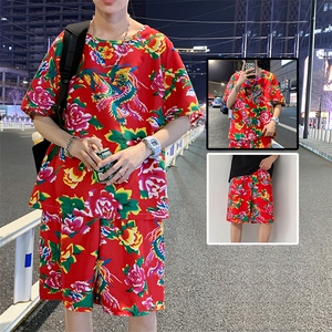 TZ203夏新款男士T恤短裤套装东北大花大码红色蓝色青年运动套装图片