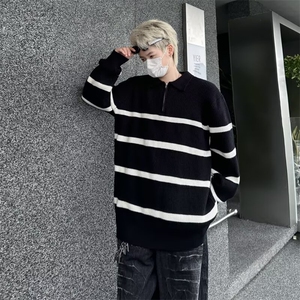条纹翻领毛衣男美式高街半拉链设计套头针织衫秋设计感上衣M7168图片