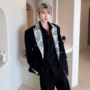 （自家图）黑色西装外套春秋新款蕾丝拼接垫肩西服6011-P115，男装西服套装，星座910-5