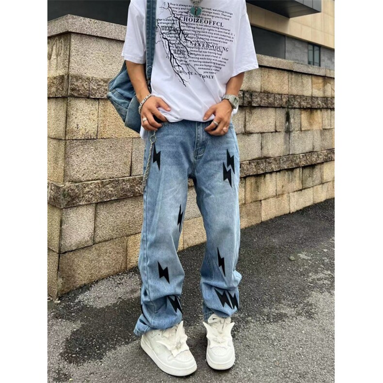 美式高街vibe风复古水洗做旧闪电贴布蓝色牛仔裤男宽松直筒长裤子,男装牛仔裤,四季星座505