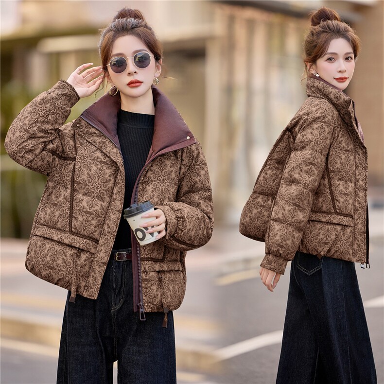 90绒白鸭绒羽绒服女2025冬季新款印花复古优雅加厚保暖,女装羽绒服,余墨
