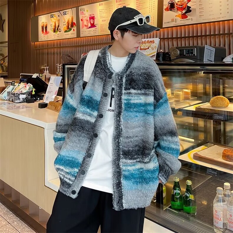 复古小香风扎染渐变条纹针织毛衣开衫慵懒风宽松外套AM321-P68,男装针织衫/毛衣,星座1109-3