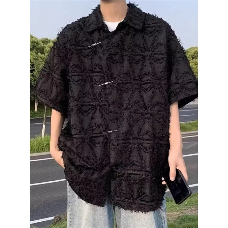 潮风新中式毛边短袖衬衫男夏季设计感复古小众上衣CX015,男装T恤,星座1116A（原606A-3）