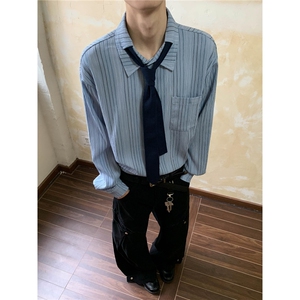 秋冬季重磅美式贴布拼接工装衬衫男长袖潮牌ins痞帅男衬衣图片