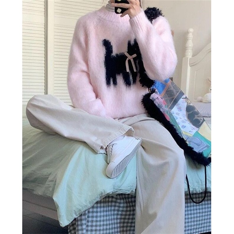蝴蝶结水貂毛猫咪提花毛衣男女秋冬宽松圆领针织上衣睡衣M6550,男装针织衫/毛衣,星座1116A（原606A-3）