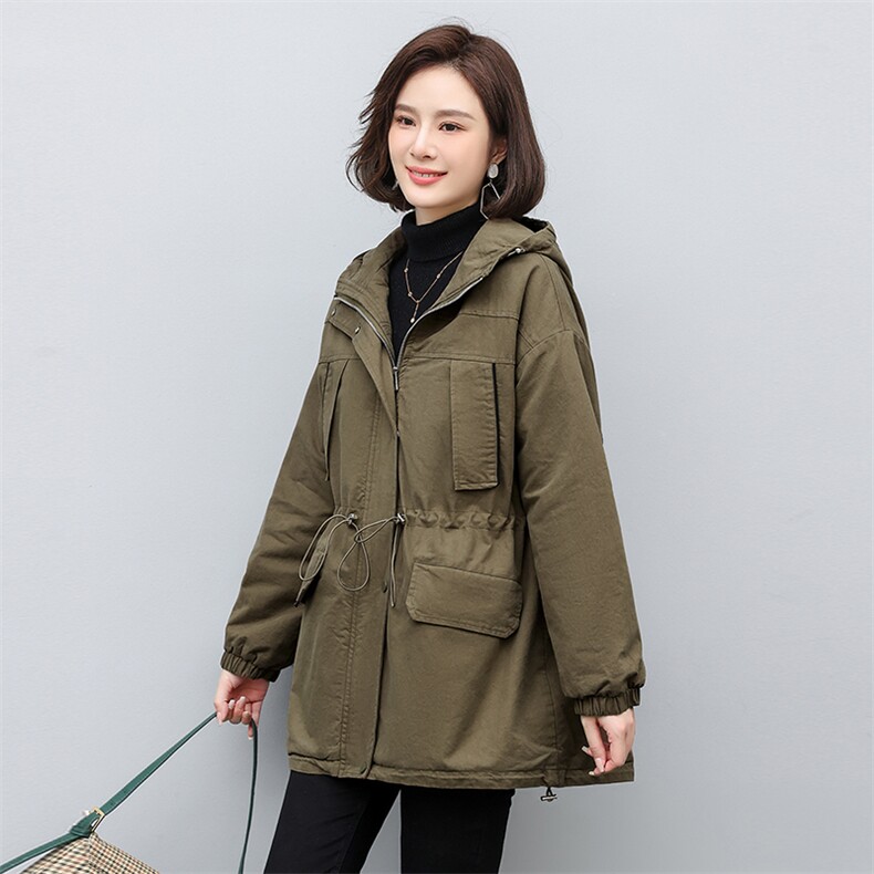 2025年冬季时尚潮流中长款休闲加绒加厚派克服,女装棉衣/棉服,天丽