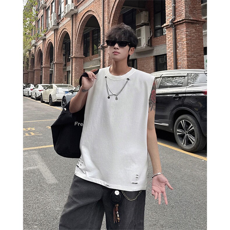 夏季自带项链款双领背心T恤T恤无袖打底男宽松上衣短袖T恤特P35，男装背心/马甲，电商B319
